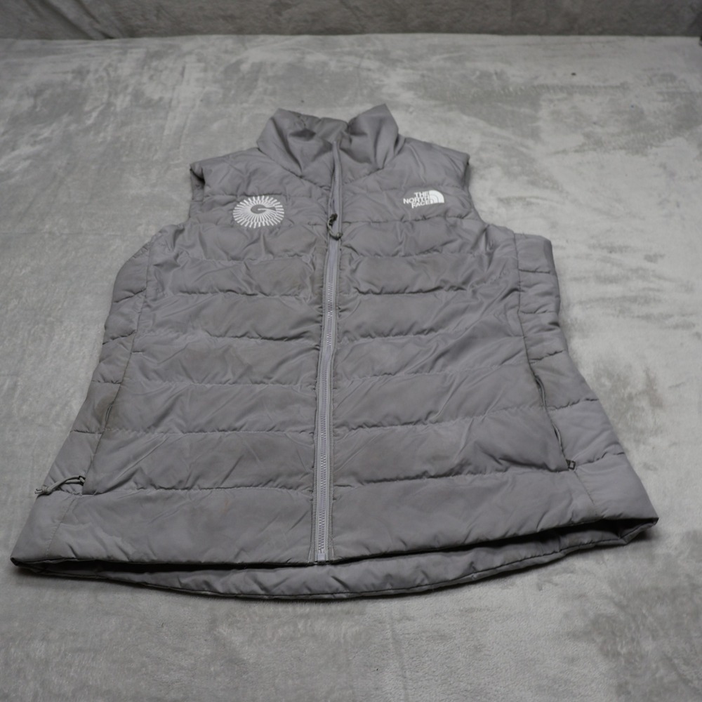 North Face Down Vest Womens Medium Gray Aconcagua Insulated Full Zip LOGO READ